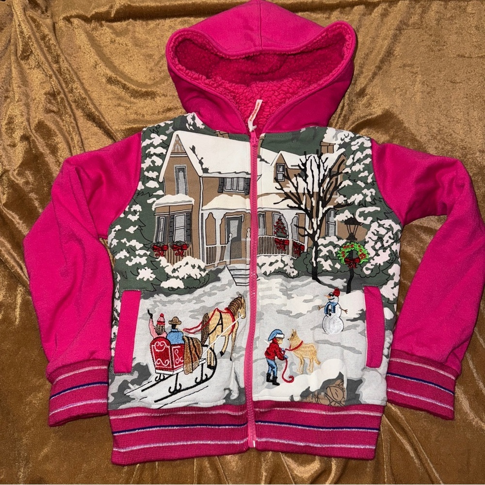 Vintage Zanaharia Pink Winter Scene Kids zip up Hoodie, embroidered, plush, Sz 8